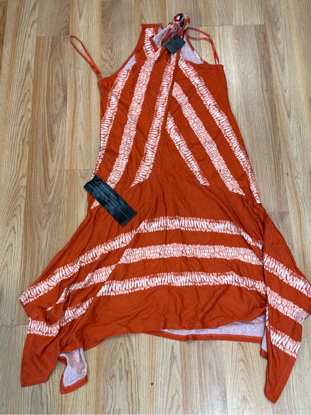 BCBGMAXAZRIA Women's XS Orange White Striped V-Neck Sleeveless Midi Dress
